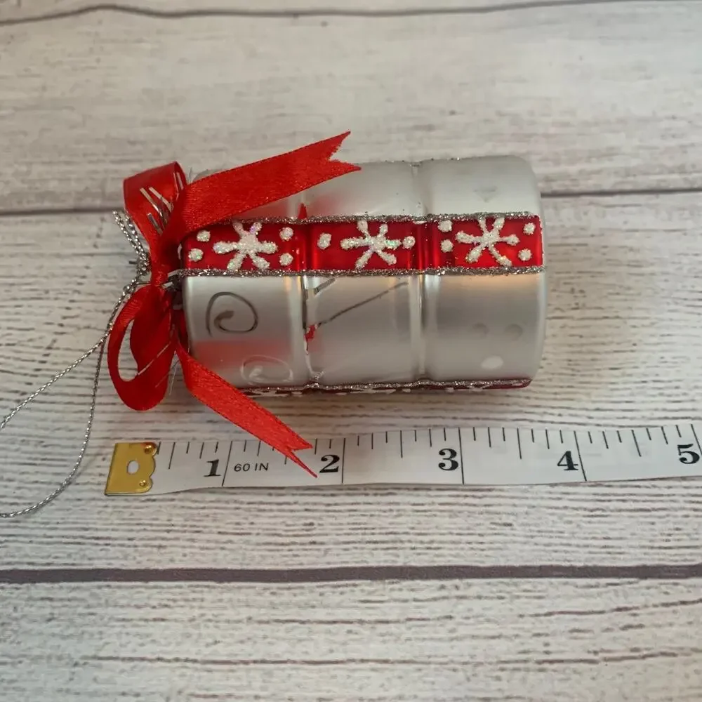 Glass Present Christmas Ornament Silver Stacked Gift Box Red Ribbon Tinsel 4